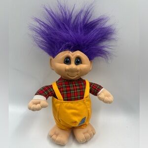Vintage GANZ Troll 1992 Purple Hair Plaid Short Overalls